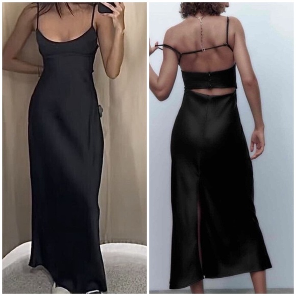 Zara Satin Effect Cut Out Back Midi Dress Black Blogger Favorite Tik Tok Viral - Picture 3 of 16
